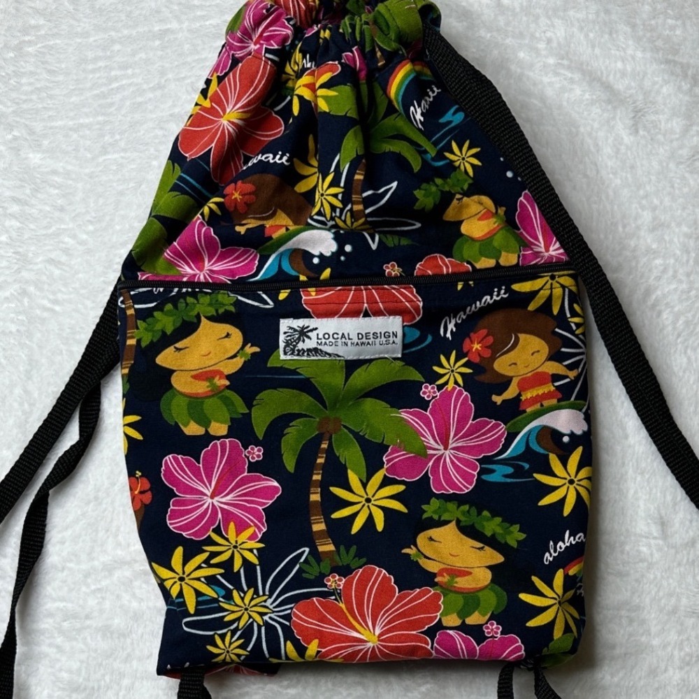 Local Design Drawstring Backpack Unisex Small Navy Hawaiian Hula Tropical Print